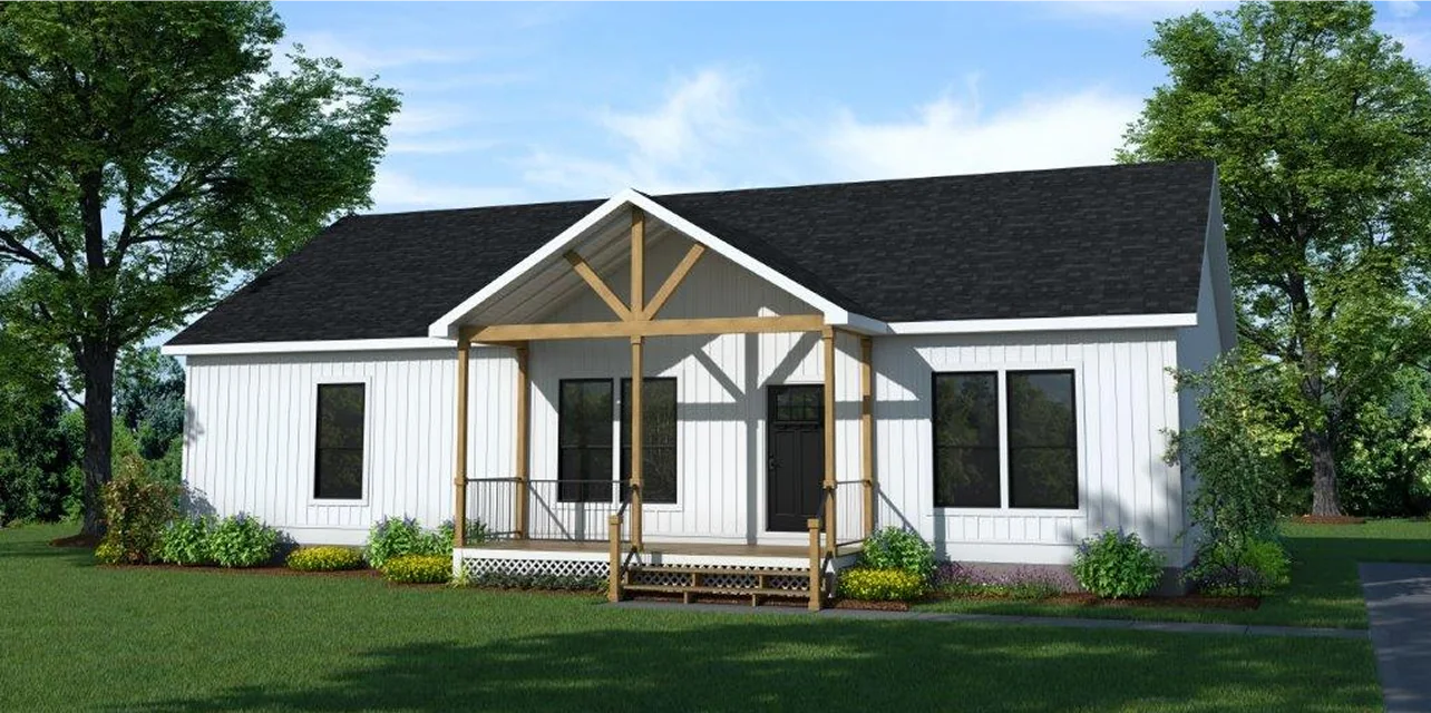 Newly renovated single-story home with gabled entry porch and black-trimmed windows