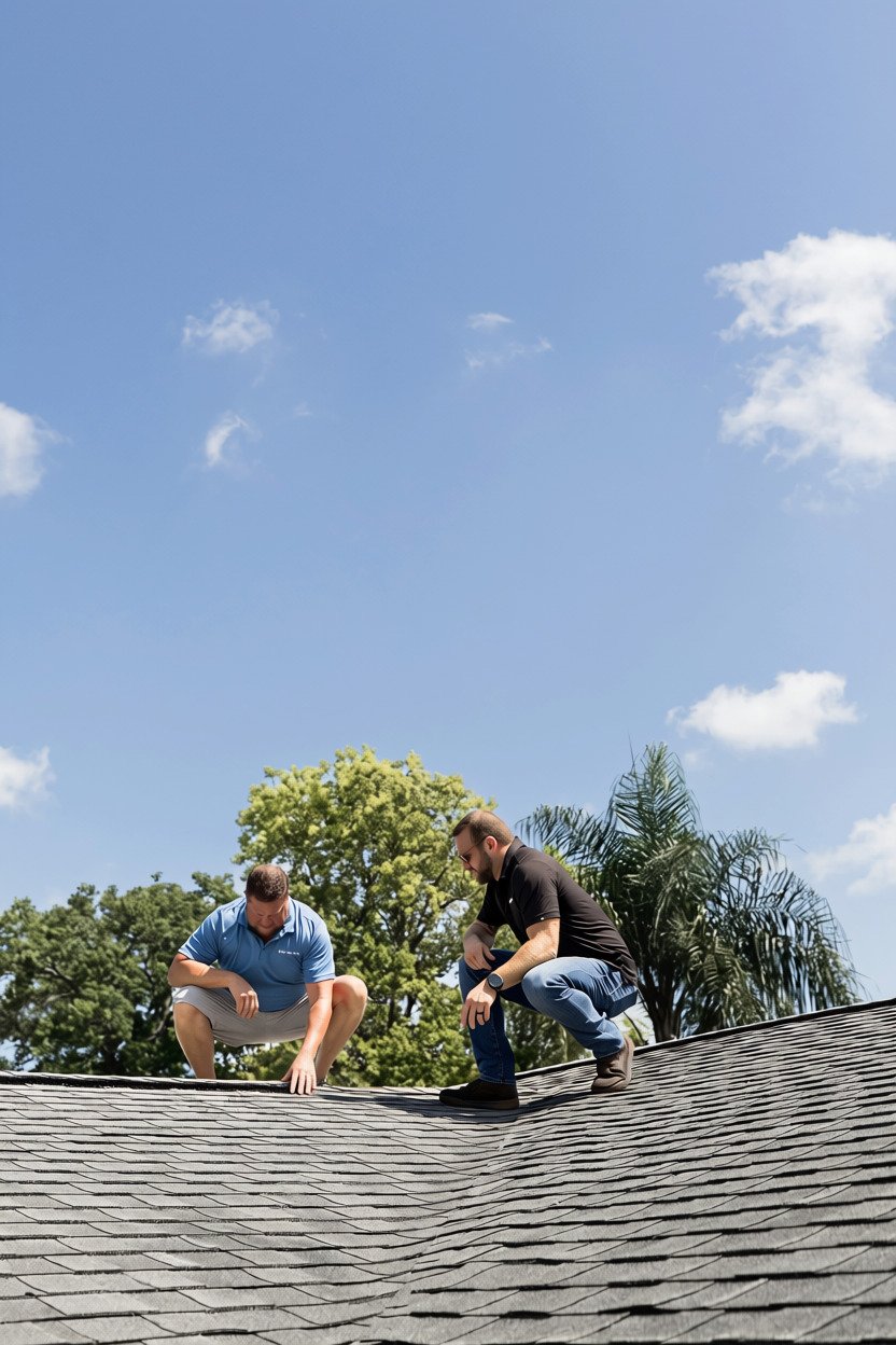 Two team members inspecting shingles on a residential roof